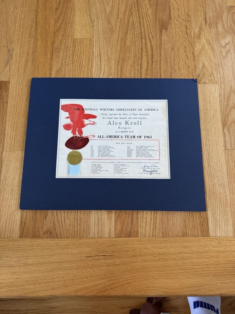PERSONALLY OWNED Alex Kroll 1961 All American Award Rutgers Football Ernie Davis