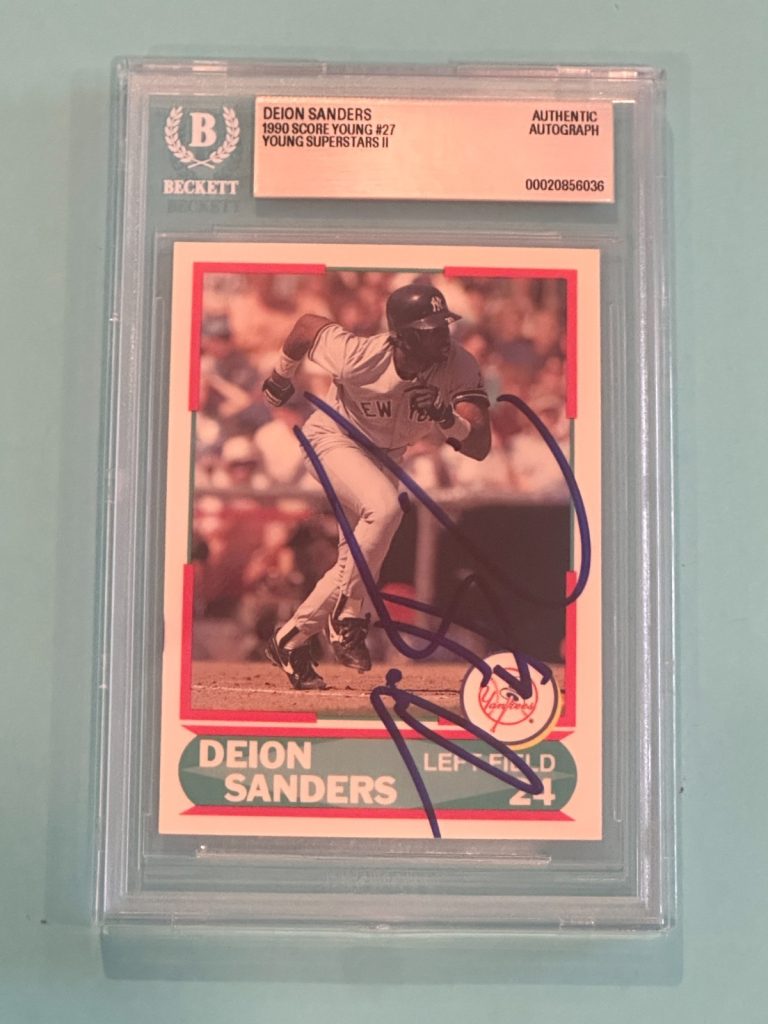 DEION SANDERS Signed 1990 SCORE YOUNG Card YOUNG SUPERSTARS II #27 Beckett (BAS)