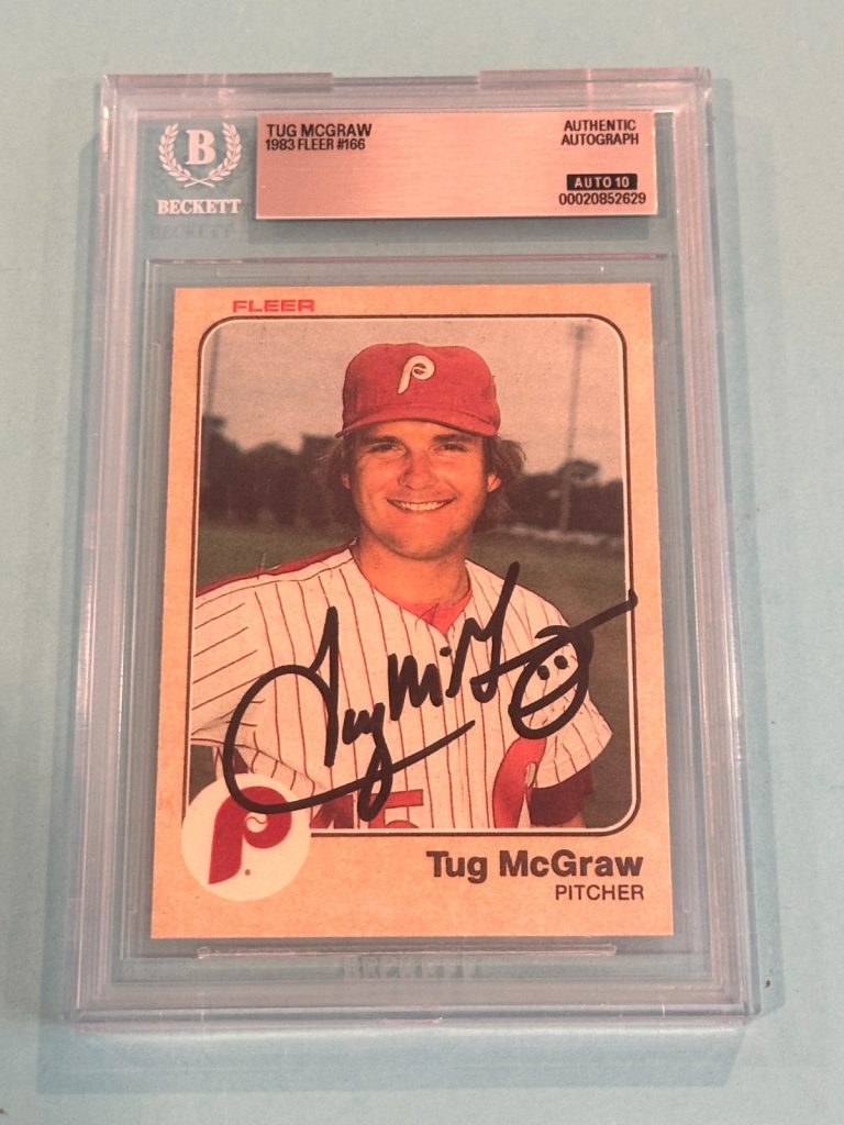 TUG McGRAW Signed 1983 FLEER Card #166 Beckett (BAS) AUTO 10