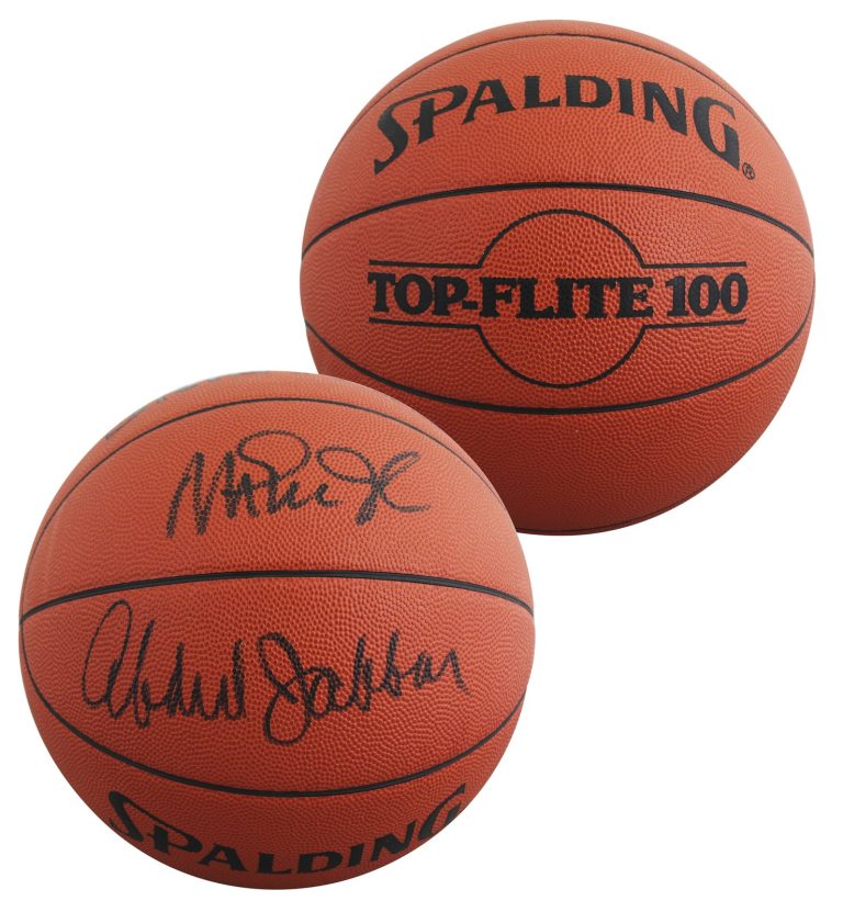 Lakers Magic Johnson & Kareem Abdul-Jabbar Signed Basketball BAS Wit #5W053814