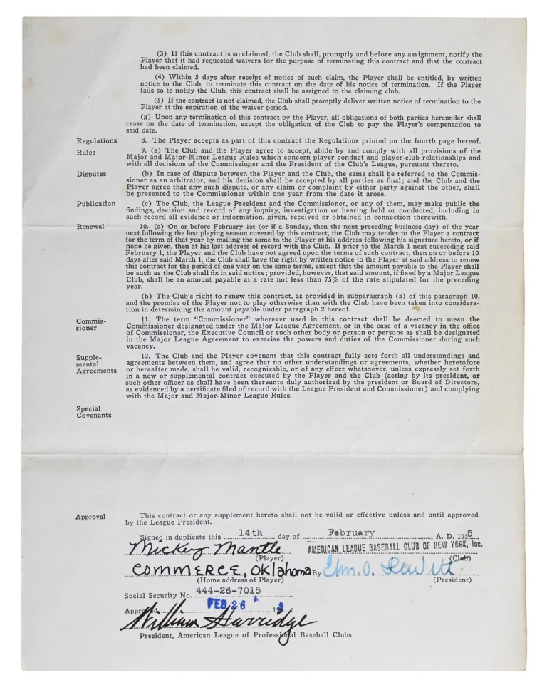 Yankees Mickey Mantle +2 Signed 8.5x11 1955 Player Contract PSA/DNA #AR05282