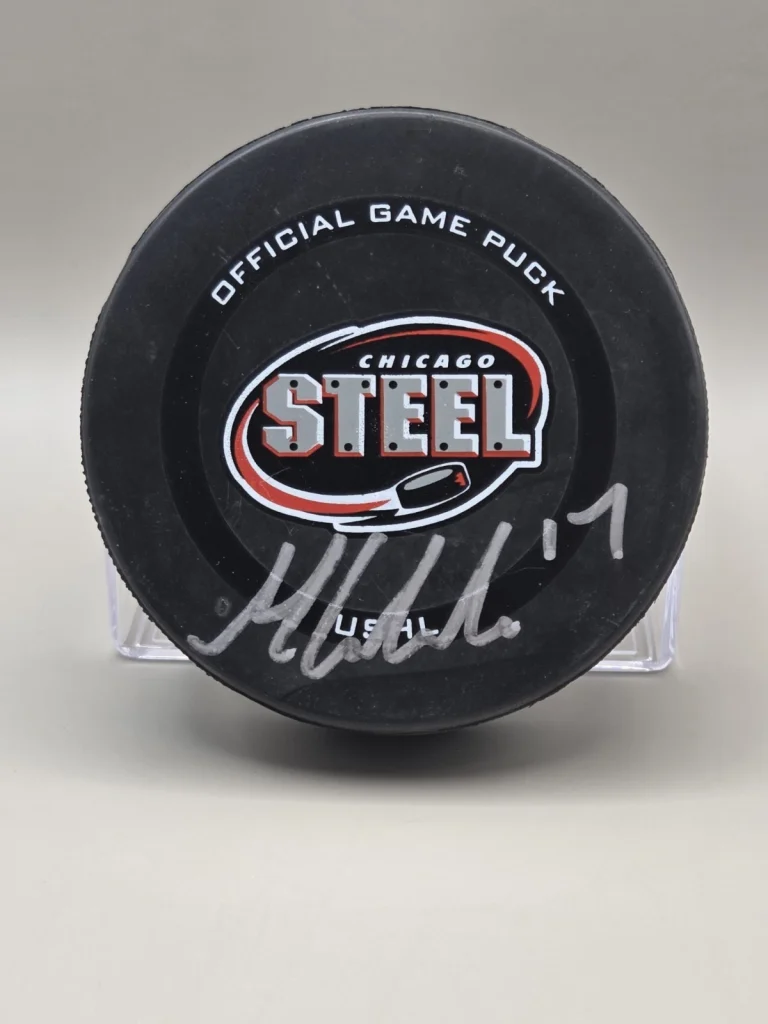 SHARKS MACKLIN CELEBRINI signed auto CHICAGO STEEL HOCKEY PUCK BECKETT (BAS)