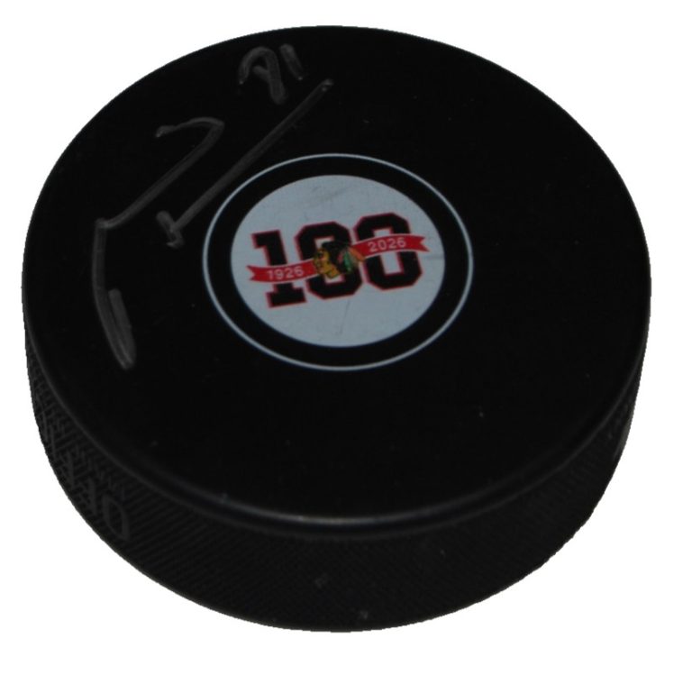 MARIAN HOSSA signed (CHICAGO BLACKHAWKS) 100TH Anniversary puck BECKETT BY064001