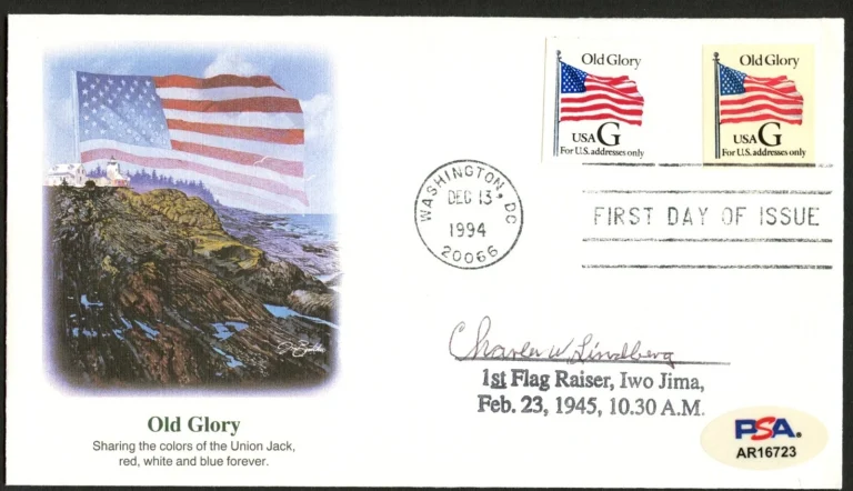Charles Lindberg signed autograph FDC IWO JIMA 1st Flag Raiser WWII PSA Sticker