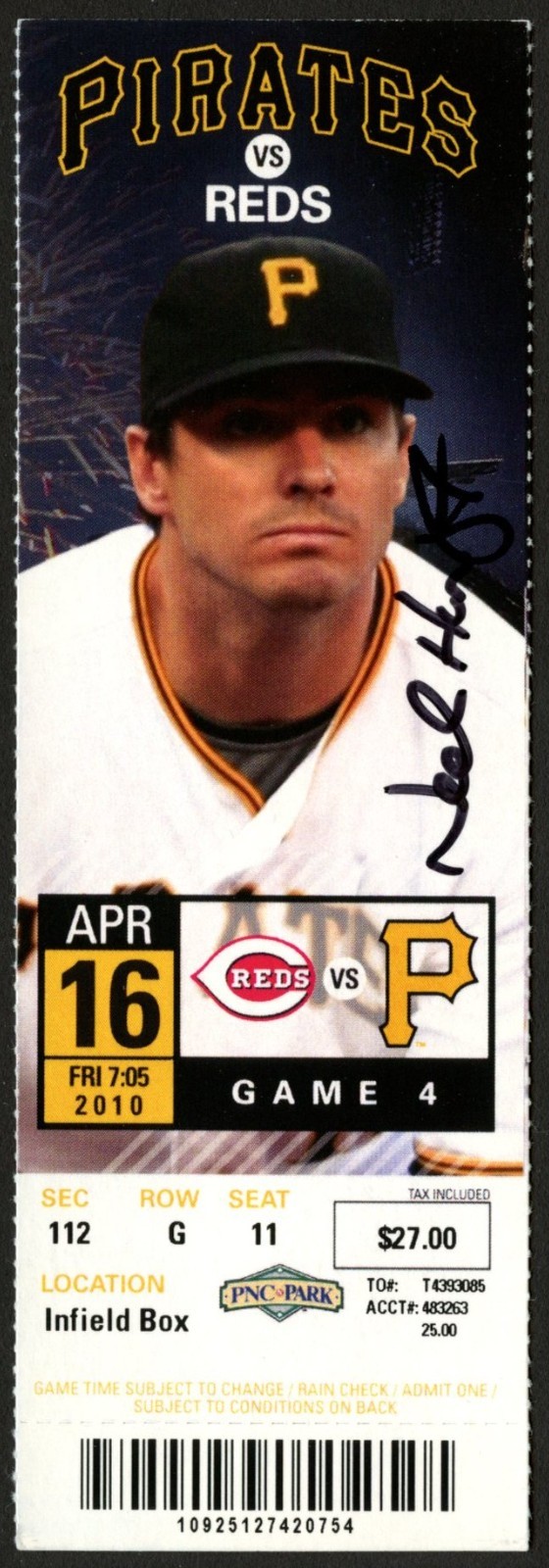 Neal Huntington signed autograph GM Pittsburgh Pirates April 16 2010 Game Ticket