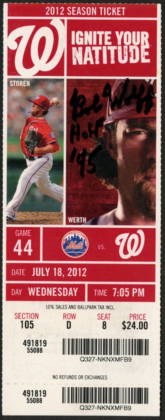 Bob Wolff d2017 signed autograph Sports Commentator July 18 2012 Game Ticket