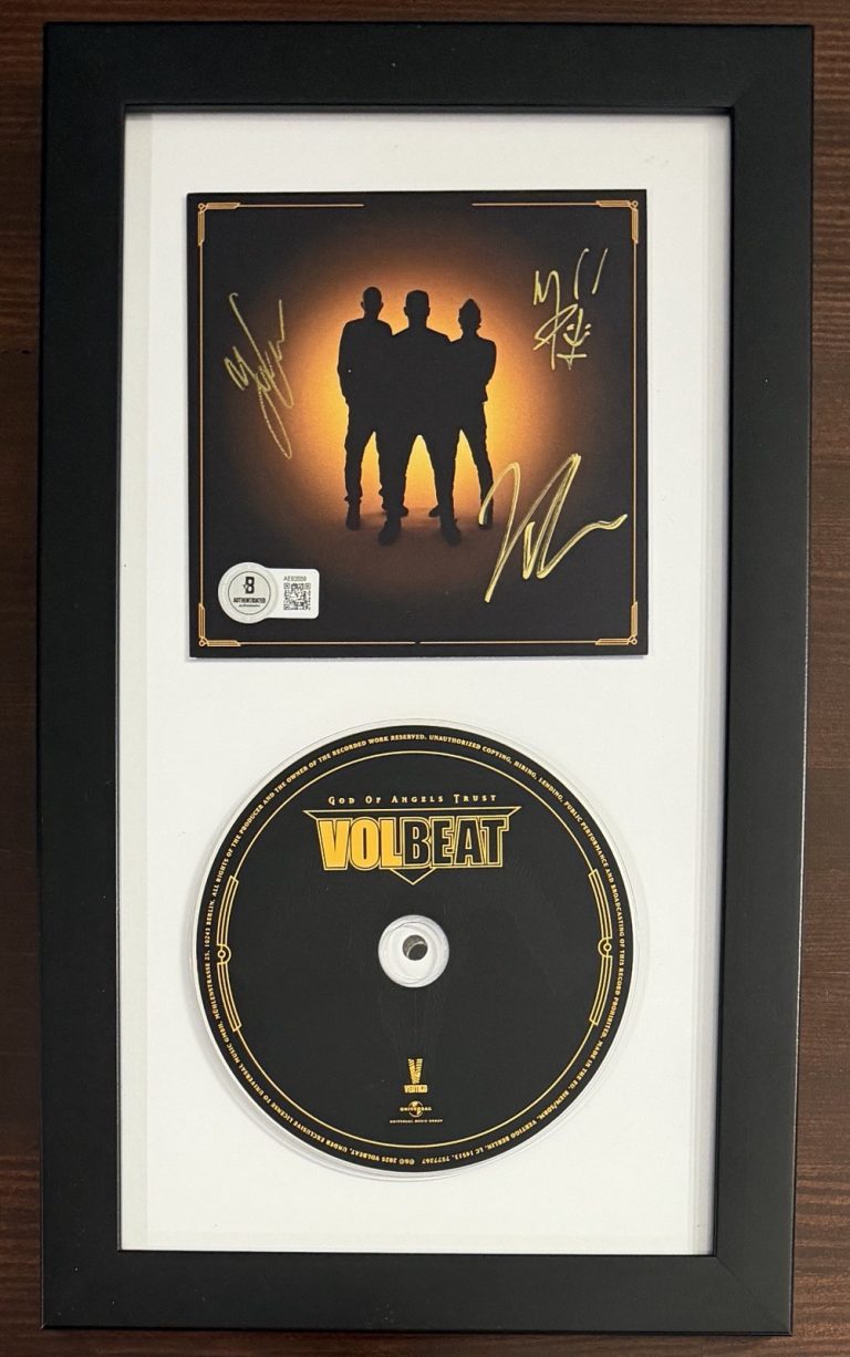 FRAMED SIGNED AUTOGRAPH VOLBEAT God Of Angels Trust Card & CD BAS Beckett COA