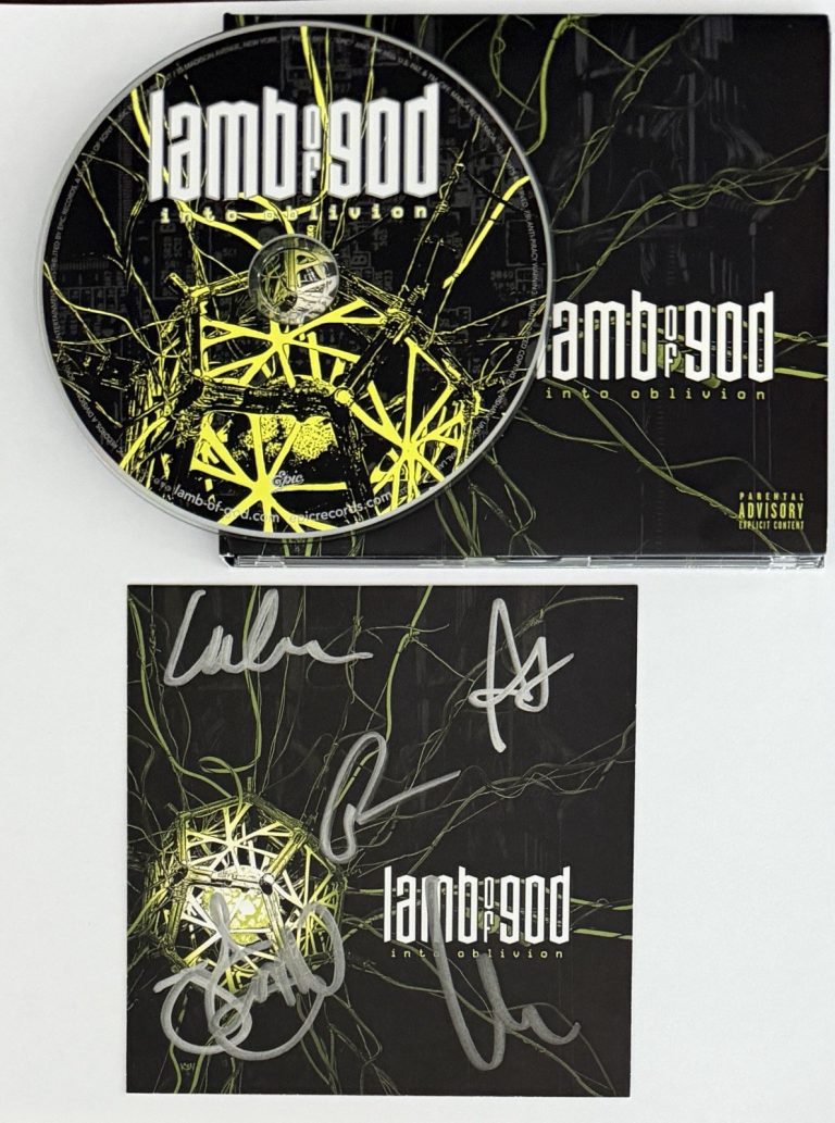 BAND SIGNED LAMB OF GOD INTO OBLIVION COVER CARD & CD BECKETT BAS COA AUTOGRAPH