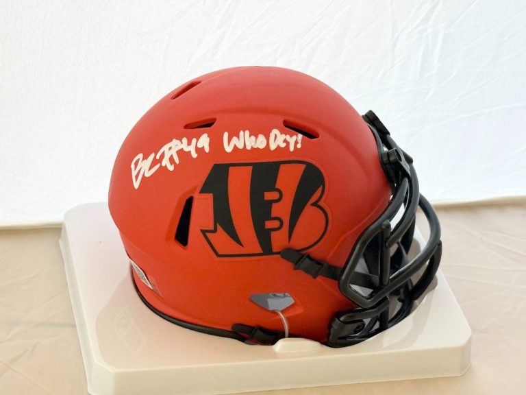 Barrett Carter signed Cincinnati Bengals Rave mini helmet + Who Dey Inscr GT COA