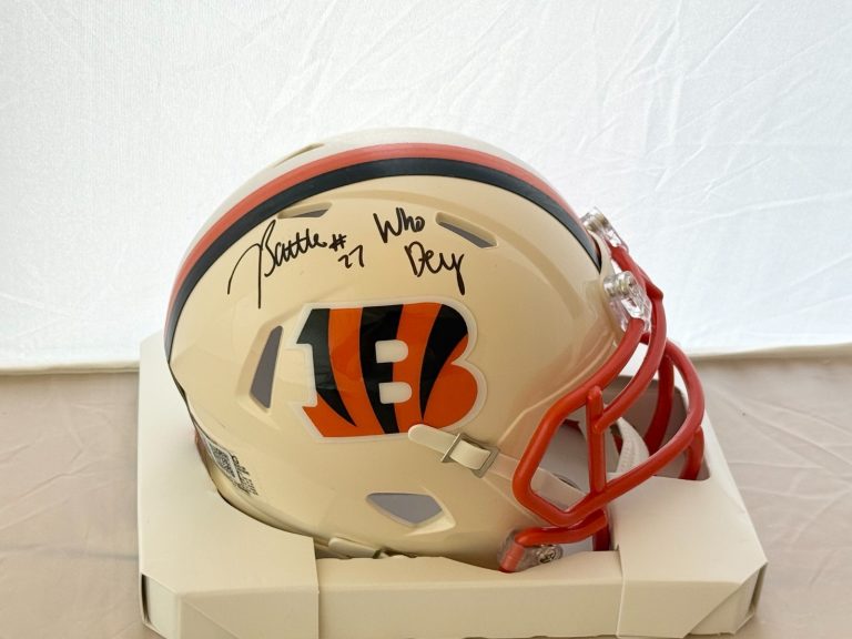 Jordan Battle signed Cincinnati Bengals Retro mini helmet + Who Dey Insc GT COA