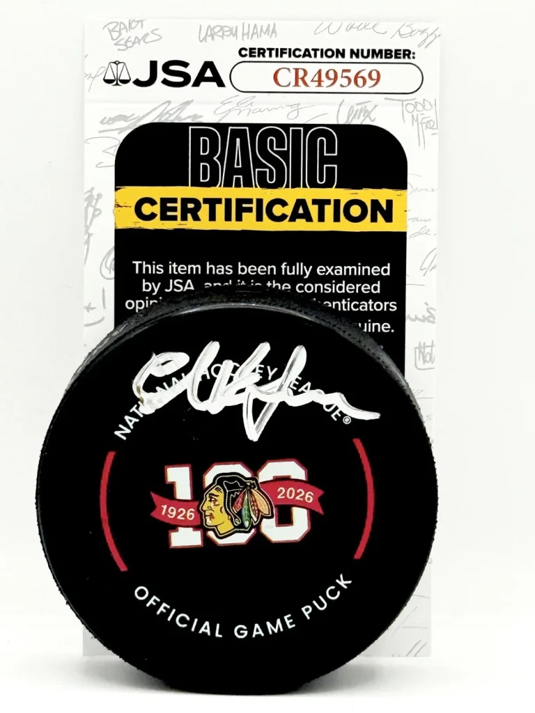 Ed Belfour signed Chicago Blackhawks 100th Anniversary Game Puck autographed JSA