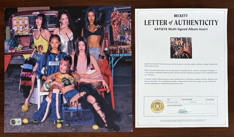 Katseye SIGNED Beautiful Chaos Art Card & Yellow Vinyl Beckett BAS COA Autograph