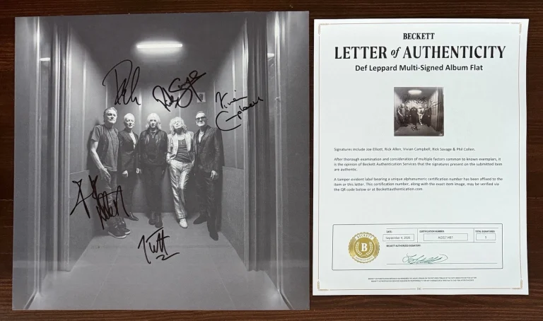 Def Leppard SIGNED Greatest Hits Art Card & Vinyl LP Beckett BAS COA Autograph