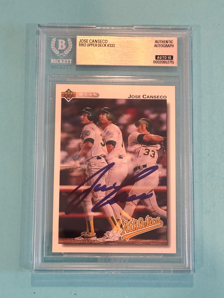 JOSE CANSECO Signed 1992 UPPER DECK Card #333 Beckett (BAS) AUTO 10