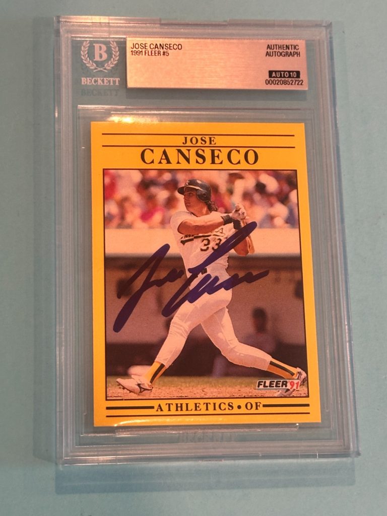 JOSE CANSECO Signed 1991 FLEER Card #5 Beckett (BAS) AUTO 10