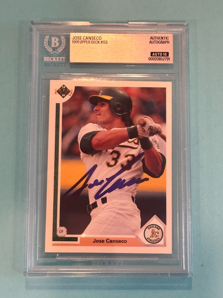 JOSE CANSECO Signed 1991 UPPER DECK Card #155 Beckett (BAS) AUTO 10
