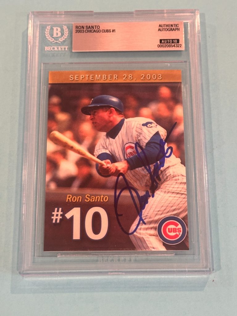 RON SANTO Signed 2003 CUBS Jersey Retirement Card #1 Beckett (BAS) AUTO 10