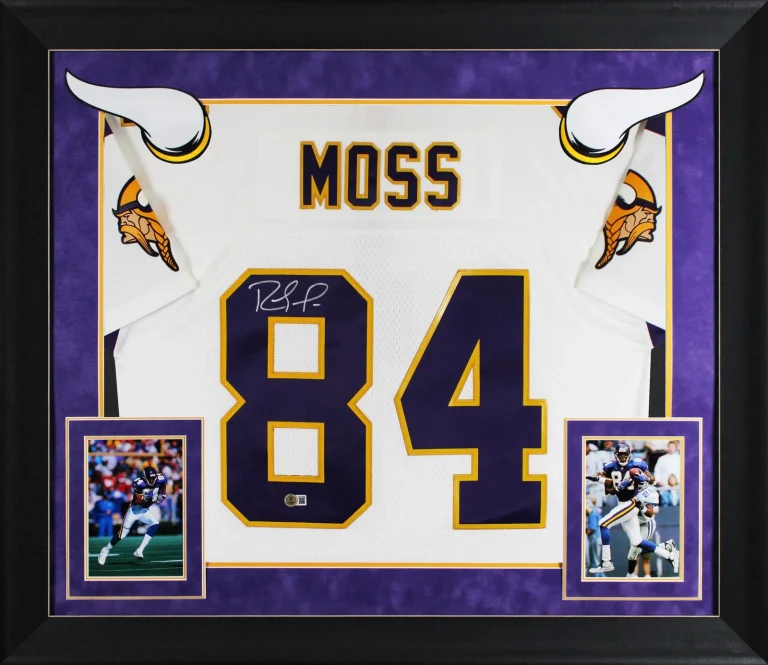 Vikings Randy Moss Signed White 1998 M&N Throwback Framed Jersey BAS Witnessed
