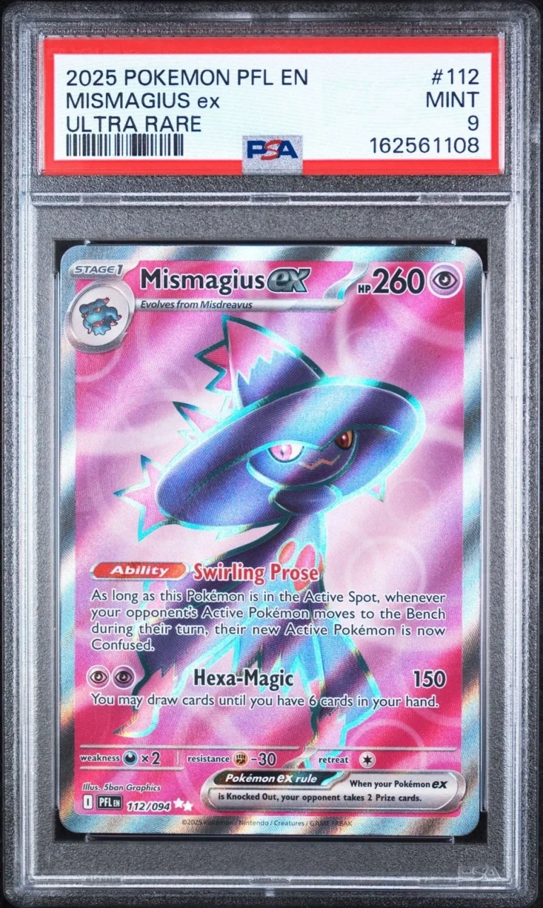 Graded 2025 Pokemon PFL EN Mismagius ex #112 Ultra Rare Card PSA 9