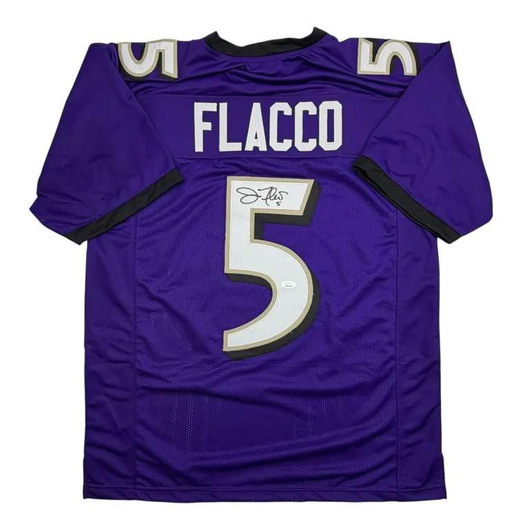 Autographed/Signed Joe Flacco Baltimore Purple Football Jersey JSA COA