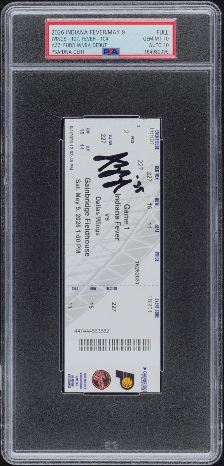 Azzi Fudd Signed Debut Ticket Stub WNBA Dallas Wings PSA GEM MINT 10 AUTO 10 !